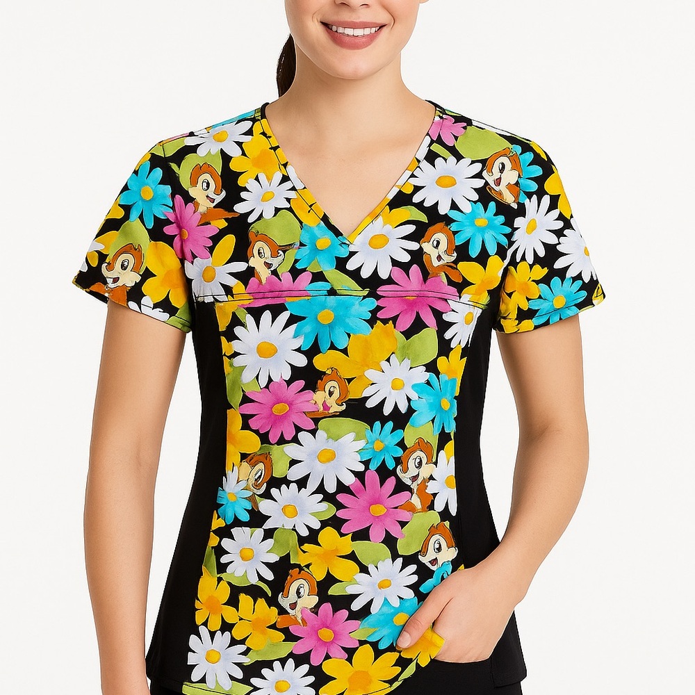 Disney Chip & Dale Floral Scrub Top Large Side Panels